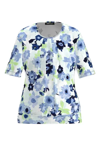 FRANK WALDER - Blusenshirt NOS mit wunderschönem Blütendessin ecru/ink/pale green/malibu blue - Gr. - 36