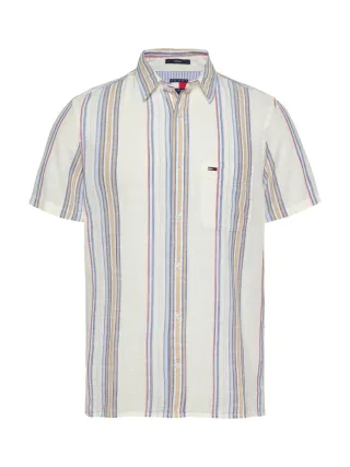 Tommy Jeans - Strukturiertes Regular Fit Kurzarm-Hemd beige/blau/weiß - Gr. - S
