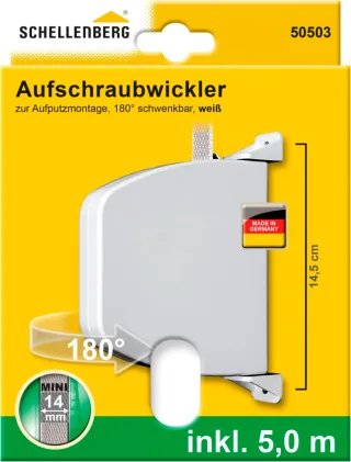 SCHELLENBERG Aufputz-Gurtwickler "Aufschraubwickler für das Rollladensystem Mini" Set, 1 Stk. tlg. schwenkbar, mit vormontiertem Rollladengurtband, braun oder weiß