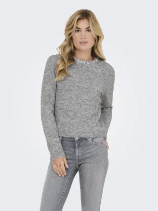 JDY - JDYALVA LIFE L/S EMBELLISH PULLOVER KNT Medium Grey Melange - Gr. - XS