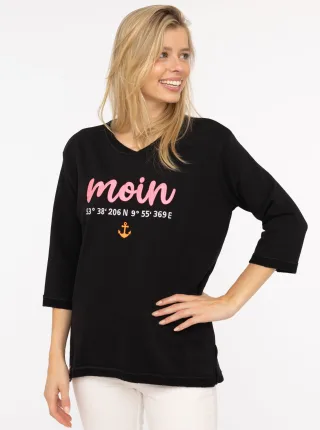 Zwillingsherz 3/4-Arm-Shirt ""Moin"" mit Moin Stickerei und Anker, ausgefranste Kanten