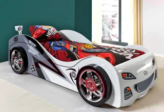Vipack Autobett "Liegefläche 90/200, Räder mit Felgen-Optik, schickes Design" B/H/T ca. 240x65x110cm, hochglanz weiß/grau lackiert, mit Lattenrost, feststehende Räder, hochwertiges MDF Trägermaterial, coole Optik