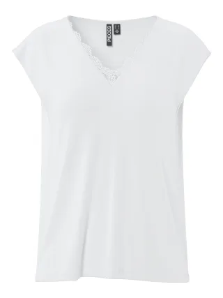 PIECES - PCKAMALA LACE V-NECK TEE JRS NOOS BC Bright White - Gr. - S