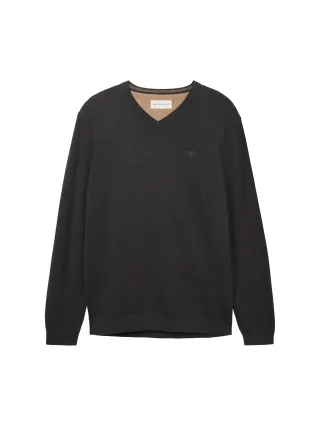 Tom Tailor - Strickpullover mit V-Ausschnitt black grey melange - Gr. - S