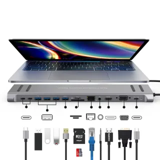13 in 1 USB C Docking Station Network Hub with VGA PD 3.0 USB-C RJ45 10/100Mbps Laptop Stand for MacBook iPad Surface pr