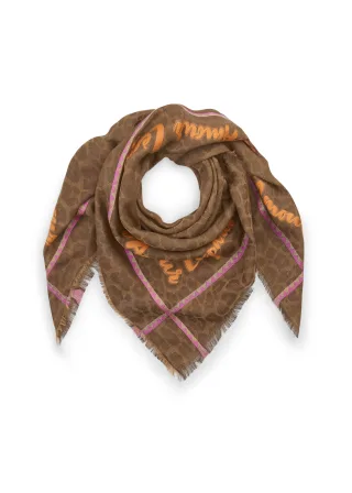 Jacquard Tuch aus Woll-Baumwoll-Mischung mit Leomuster und Schriftzug braun - Gr. - one size