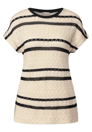 Street One - Ajour Shirt mit Streifen beige/schwarz - Gr. - 38