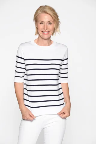 CLARINA - Rdh.-Pullover, 1/2 Arm, Ringel 102 offwhite-marine - Gr. - 48