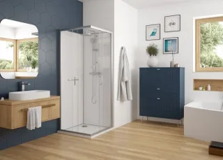 Hoesch Duschabtrennung nUnity Eckversion 900x900 Eckeinstieg mit Schiebetüren und Armatur inklusive  8629421.101401