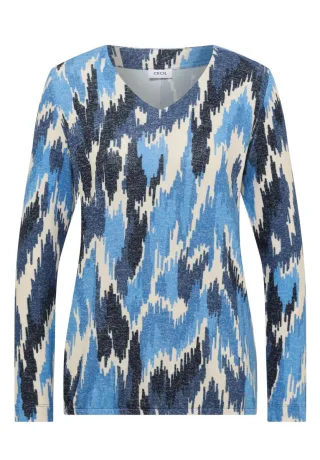 Cecil - Langarmshirt in Melange-Optik mit V-Ausschnitt und Muster blau - Gr. - S