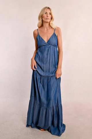molly bracken - Maxikleid aus Tencel mit Rüschen blau - Gr. - L
