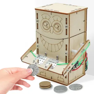Wooden DIY Electric Powered Coin Eating Robot Puzzle Assembly Technology Small Production Creative Invention Mechanical