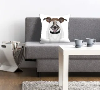 queence Dekokissen "Paul" mit einem augenzuhaltenden Hund