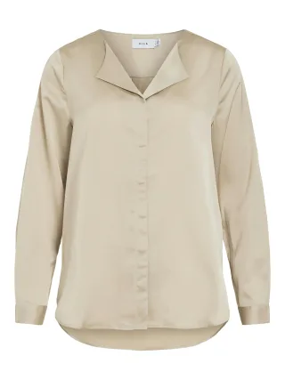 VILA - VIELLETTE V-NECK L/S SATIN SHIRT - NOOS Cement - Gr. - 42
