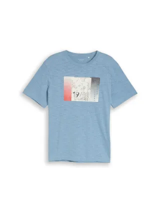 Tom Tailor - T-Shirt in Melange-Optik mit Print mountain spring blue - Gr. - XXXL