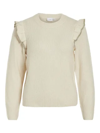VILA - VINANZY L/S O-NECK FLOUNCE KNIT TOP/BF birch - Gr. - XS