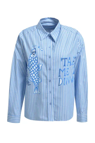 Milano Italy - oversized shirt blouse w/ AW, 1/1 sleeve cornflower print - Gr. - 44