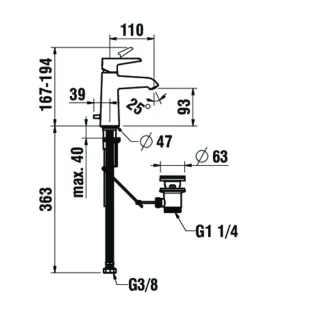 LAUFEN Waschtischarmatur PURE Festauslauf Ausladung 110mm mit Ablaufventil PVD Edelstahl-Optik gebür HF901701423000