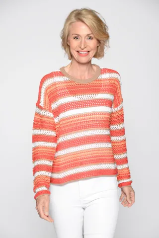CLARINA - Rdh.-Pullover,1/1 Arm,Streifen nougat-geranie - Gr. - 42