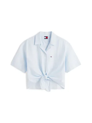 Tommy Hilfiger - Kurzarmbluse aus Leinenmischung mit Knotendetail blau - Gr. - S