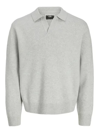 JACK&JONES - JCOCOVER KNIT SPLIT NECK POLO Light Grey Melange - Gr. - L