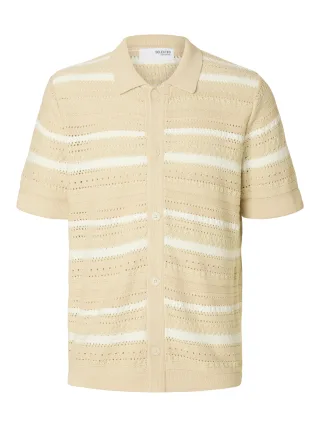 SELECTED MEN - SLHPALO SS KNIT CROCHET POLO CARDIGAN oatmeal - Gr. - XL