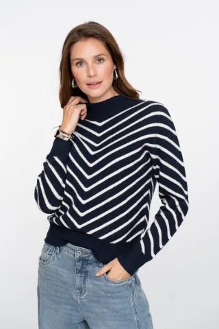 Geisha Fashion Women - Pull stripes turtleneck navy/offwhite - Gr. - XXL