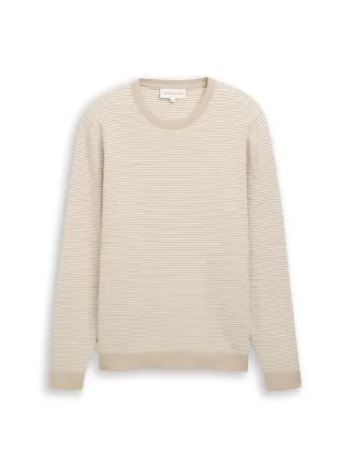 Tom Tailor - Strickpullover aus Baumwolle structured stripe beige white - Gr. - S
