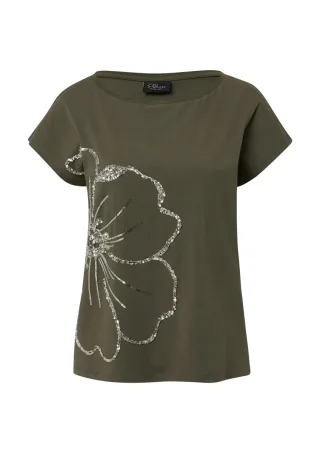 s.Oliver BLACK LABEL - T-Shirt im Relaxed Fit mit Paillettenbesatz grün - Gr. - 36