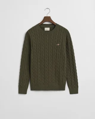 GANT - Zopfstrick Rundhalspullover aus Baumwolle khaki green melange - Gr. - XL