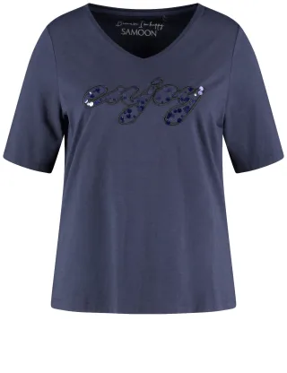 SAMOON - T-SHIRT 1/2 ARM dark lake blue gemustert - Gr. - 46
