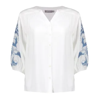 Geisha Fashion Women - Blouse embroidered sleeves off-white/light blue - Gr. - XXL