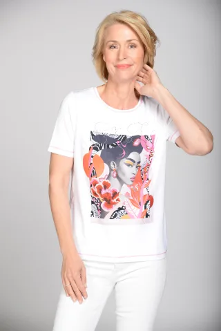 CLARINA - Rdh.-Shirt, 1/2 Arm, Druck weiss-pink - Gr. - 48