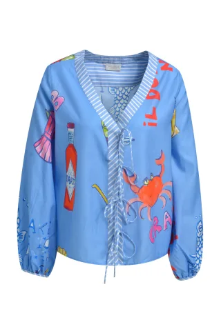 Milano Italy - v-neck blouse w/ bows at placket 1/1 volume sleeve ocean print - Gr. - 40