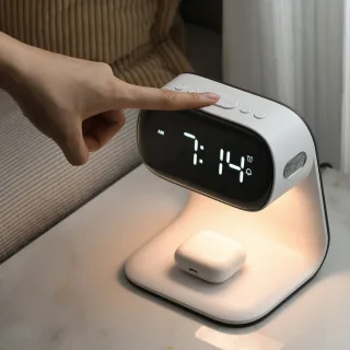 Portable Bedroom Touch Control Bedside Table Lamp Dimmable Digital Alarm Clock Wireless Charging Station for Bedroom, Be