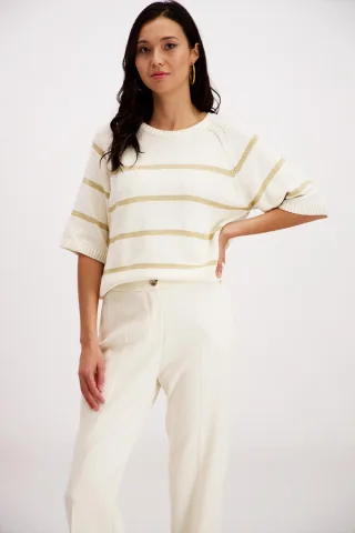 signe nature - Kurzärmeliger gestreifter Pullover beige - Gr. - L