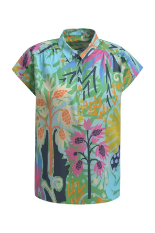 Milano Italy - sleeveless Blouse w oversized shoulder, collar + short placket colorful print - Gr. - 34