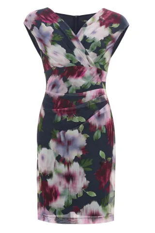 SWING - Etuikleid mit Wickel-Ausschnitt aus bedrucktem Mesh navy / ruby red