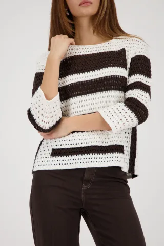 monari - Ajour-Pullover mit Streifen off-white gemustert - Gr. - 44