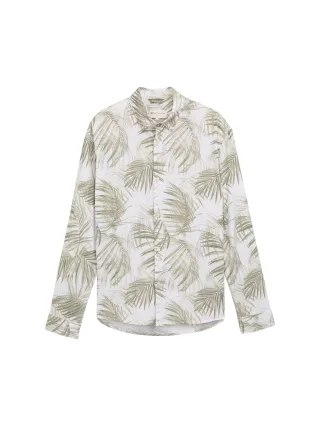 Denim Tom Tailor - Relaxed Fit Hemd mit Leinenanteil white green watery palm print - Gr. - XL