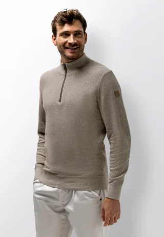State of Art - Melierter Pullover mit halbem Rei�verschluss khaki/warmes grau - Gr. - M