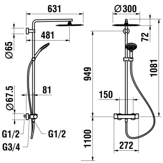 LAUFEN Thermostatisches Duschsystem Vivid mit Ablage Brausenhalter Kopfbrause ø 300 mm, PVD Titansch HF905452428630