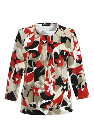 FRANK WALDER - Blusenshirt NOS mit modernem Blütendesign sandstone/cranberry/ecru/schwarz - Gr. - 46