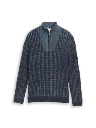 Tom Tailor - Troyer Strickpullover mit Zopfmuster navy blue plated - Gr. - XXL