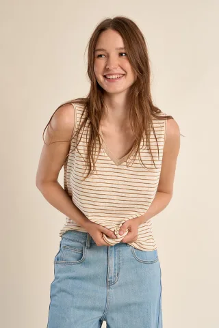 molly bracken - Gestreiftes Strick-Top mit V-Ausschnitt beige - Gr. - XL