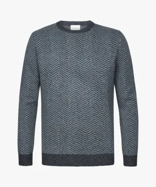 Profuomo - Blauer Fischgrätmuster Rundhals dunkelblau - Gr. - XXL