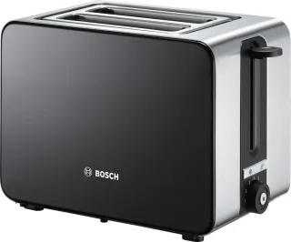 BOSCH Toaster "ComfortLine TAT7203, integrierter Edelstahl-Brötchenaufsatz" 2 kurze Schlitze für 2 Scheiben 1050 W Abschaltautomatik, Auftaufunktion, Edelstahl/schwarz
