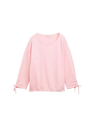Denim Tom Tailor - Loose Fit Langarmshirt mit Raffärmeln pink white stripe - Gr. - S