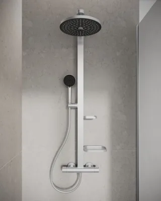 Ideal Standard Duschsystem Alu+ m.CTherm Brausethem. 2 Ablagen, 2F-HB u. 2F-Kopfbrause Silver, BD583 BD583SI