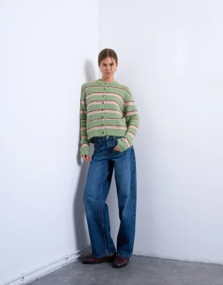 TOPSHOP - TSCARO STRIPE LS O-NECK CARDIGAN Bright Green - Gr. - L